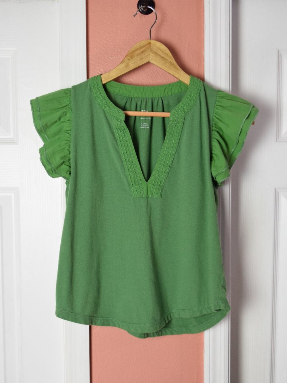 MAEVE ANTHROPOLOGIE RUFFLE SLEEVE GREEN TOP - Picture 5 of 11